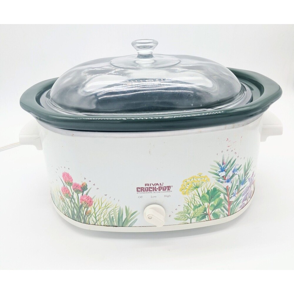 Vintage Rival Crock Pot 3755 Slow Cooker 5.5 Qt Oval Herb Garden Stoneware